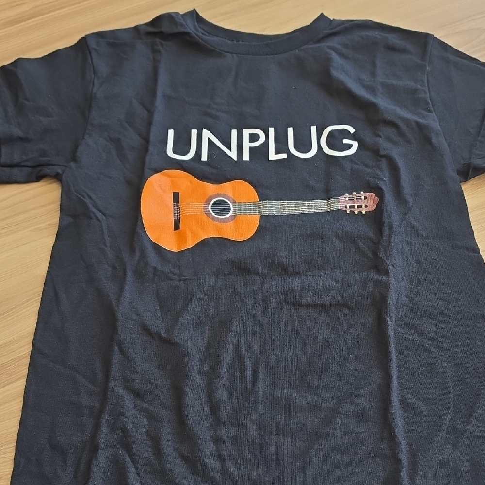 Black Kids Tee with Orange Guitar 'UNPLUG' Graphic / acoustic guitar